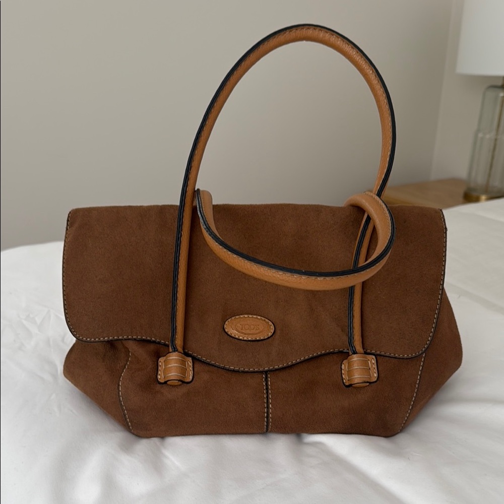 Tod's Brown Suede Shoulder Bag 13” wide and 9” high.